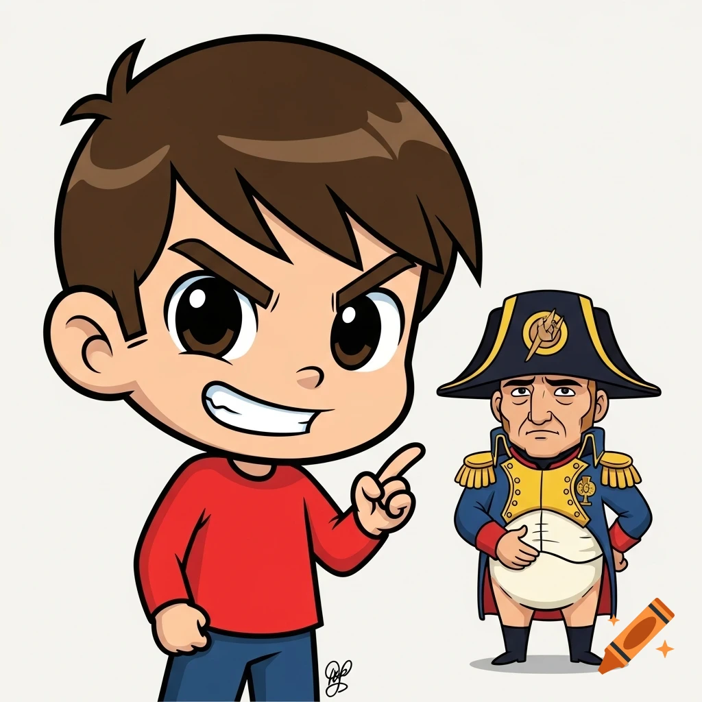 Chibi boy with a mischievous smile pointing, next to a cartoon Napoleon with his hand on his stomach, in a flat style.