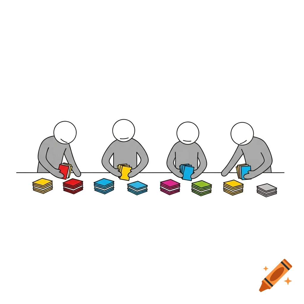 Minimalistic illustration of four gray stick figures sorting colorful cards into piles on a white background.