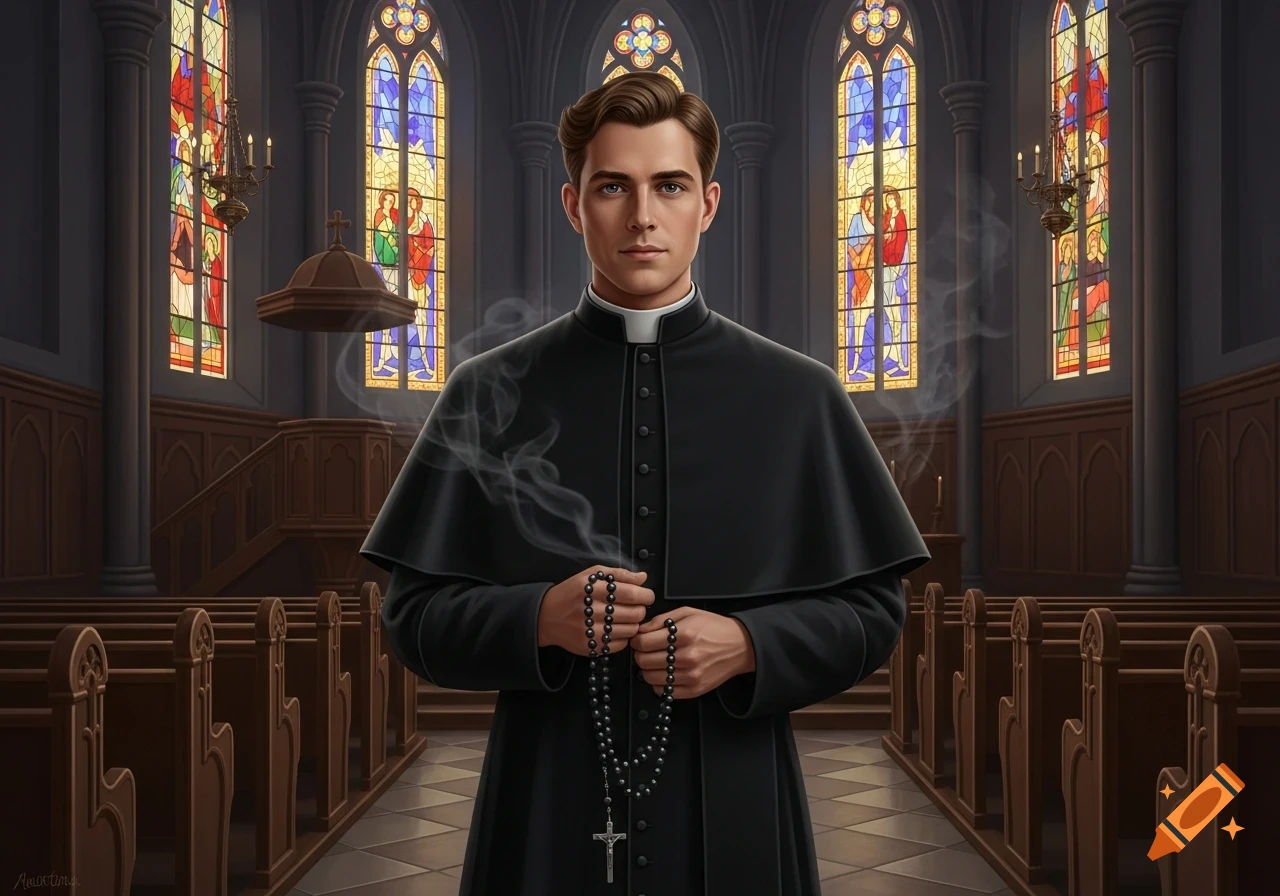 A young priest in a black cassock holds rosary beads in a church with stained glass windows.
