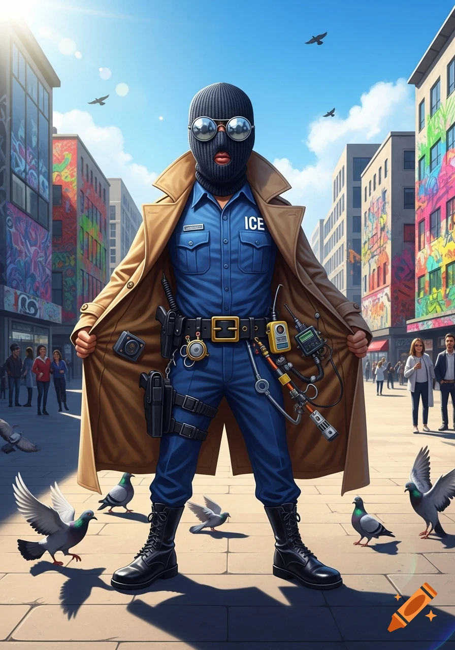 A masked agent in a balaclava, trench coat, and blue uniform with 'ICE' on it stands amidst pigeons on a city street with colorful graffiti buildings.