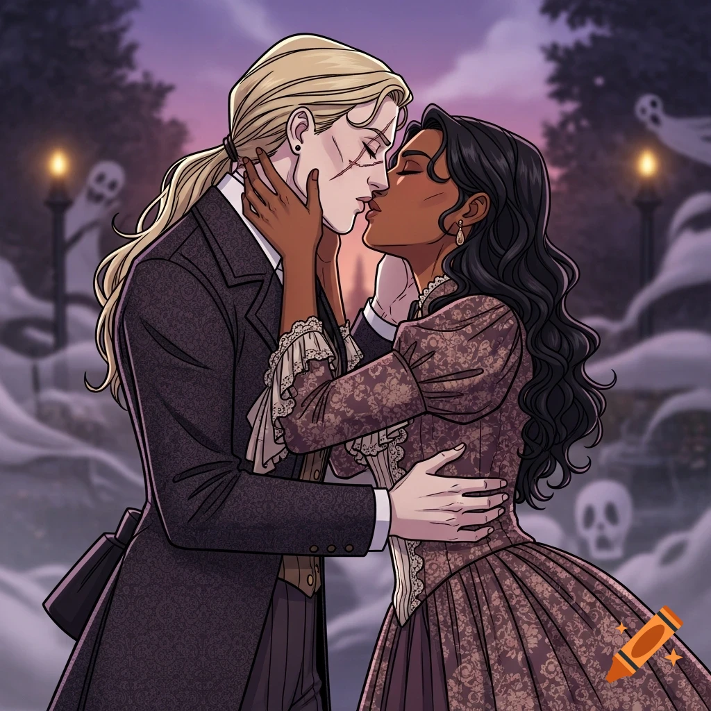Two women in Victorian attire kiss in a gothic, snowy garden with ghostly figures, in a comic book art style.