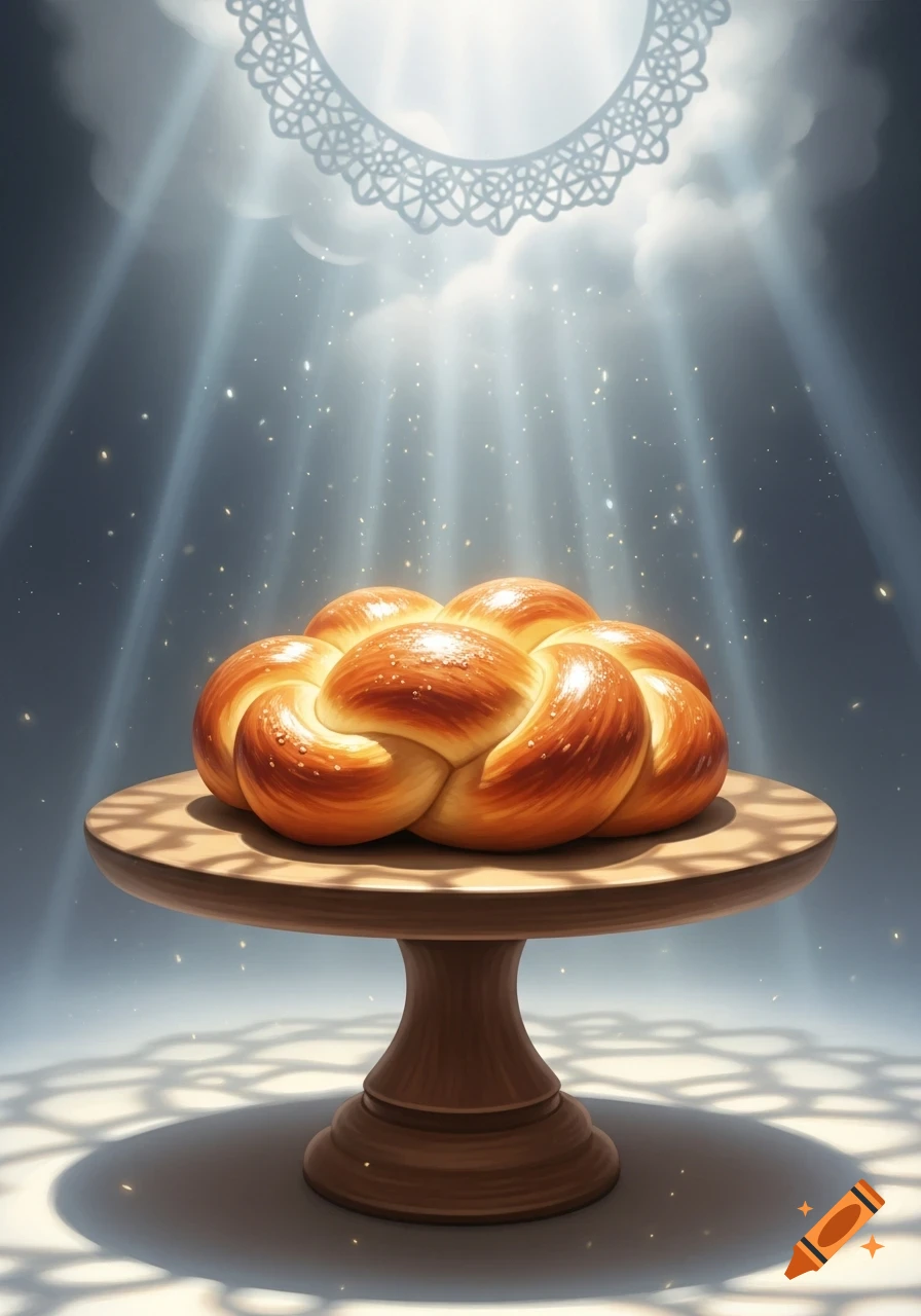 Golden braided bread on a cake stand, bathed in divine light and sparkling dust, with a lace pattern in the sky.