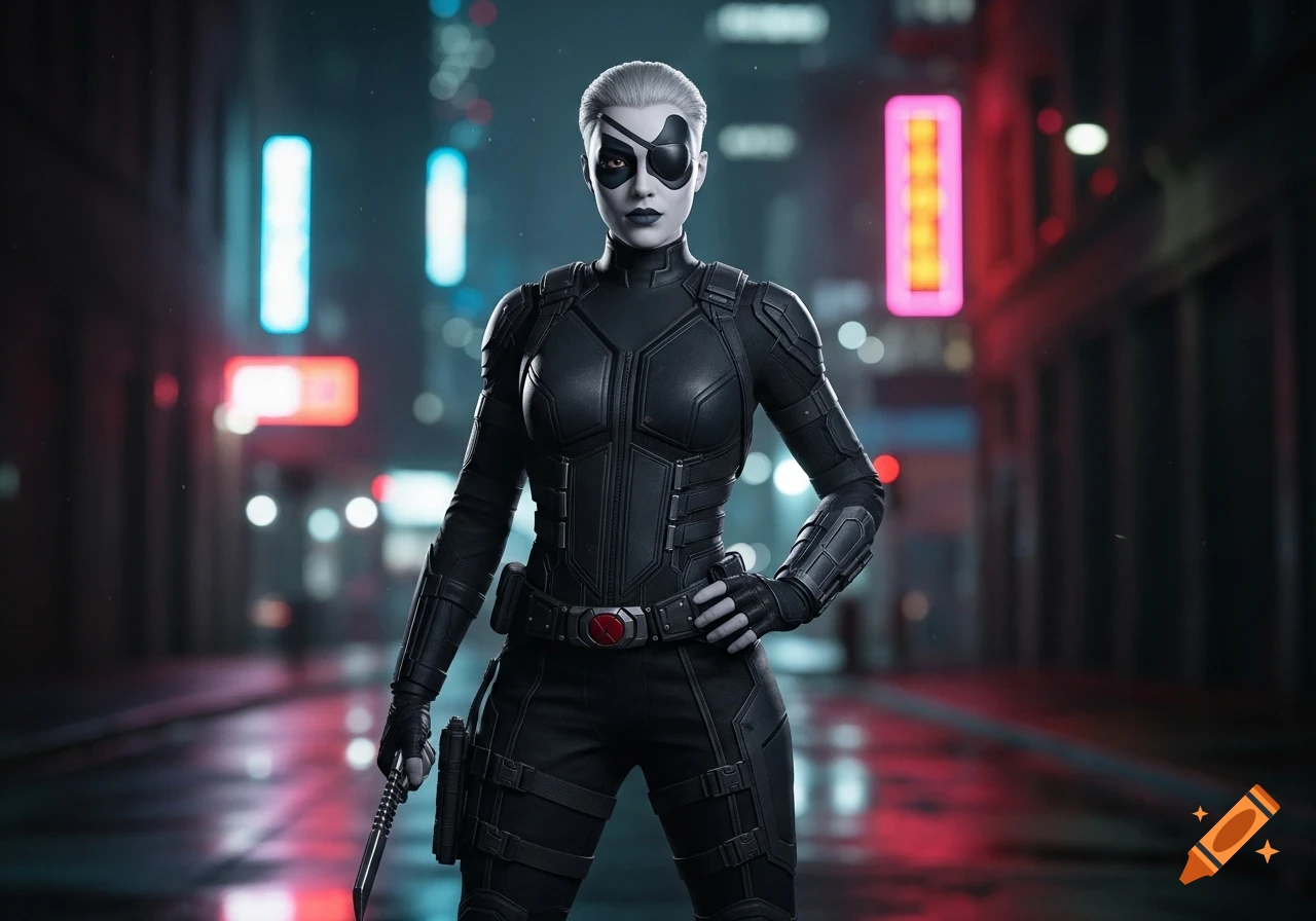 A photorealistic depiction of Domino, a white-haired female superhero in a black armored suit, holding a knife on a neon-lit city street at night.
