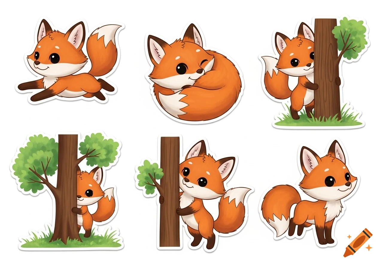 Six cute cartoon fox stickers in various playful poses: running, curled up, and peeking from trees.