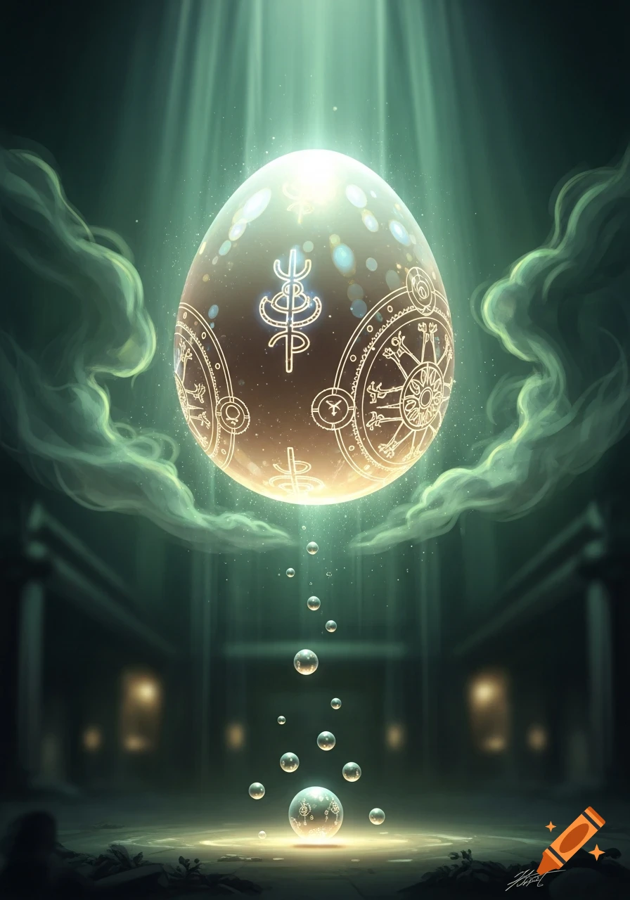 A glowing, ornate egg adorned with mystical symbols floats in a dark, ethereal chamber, illuminated by rays of light and surrounded by bubbles.