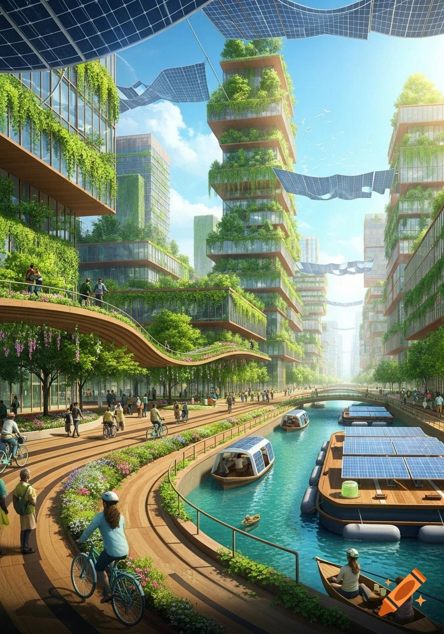 A vibrant solarpunk city with green buildings, solar panels, a winding canal with boats, and people cycling and walking along a tree-lined path.