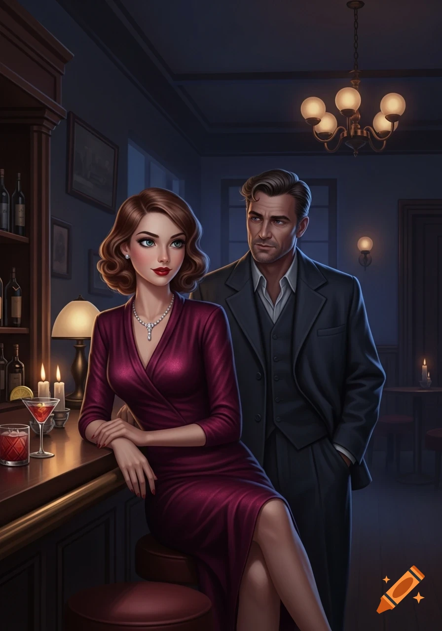 A man watches a woman with 1940s style hair and a red dress, who sits at a dark bar and looks at the viewer, in a vintage illustration.