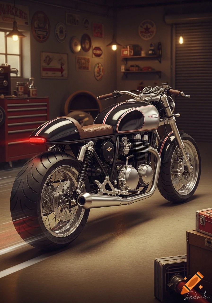 Photorealistic image of a custom black and silver cafe racer motorcycle with a brown leather seat, parked in a vintage-style garage. The rear wheel blurs with motion trails.