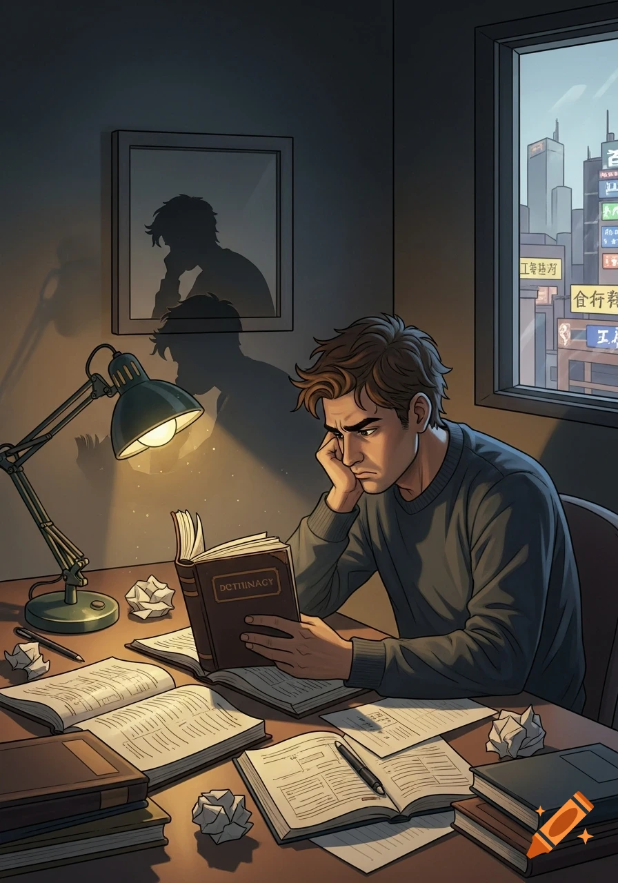 A frustrated male language learner with a furrowed brow reads a book at a desk filled with open books and crumpled papers, with a city visible outside the window at night.