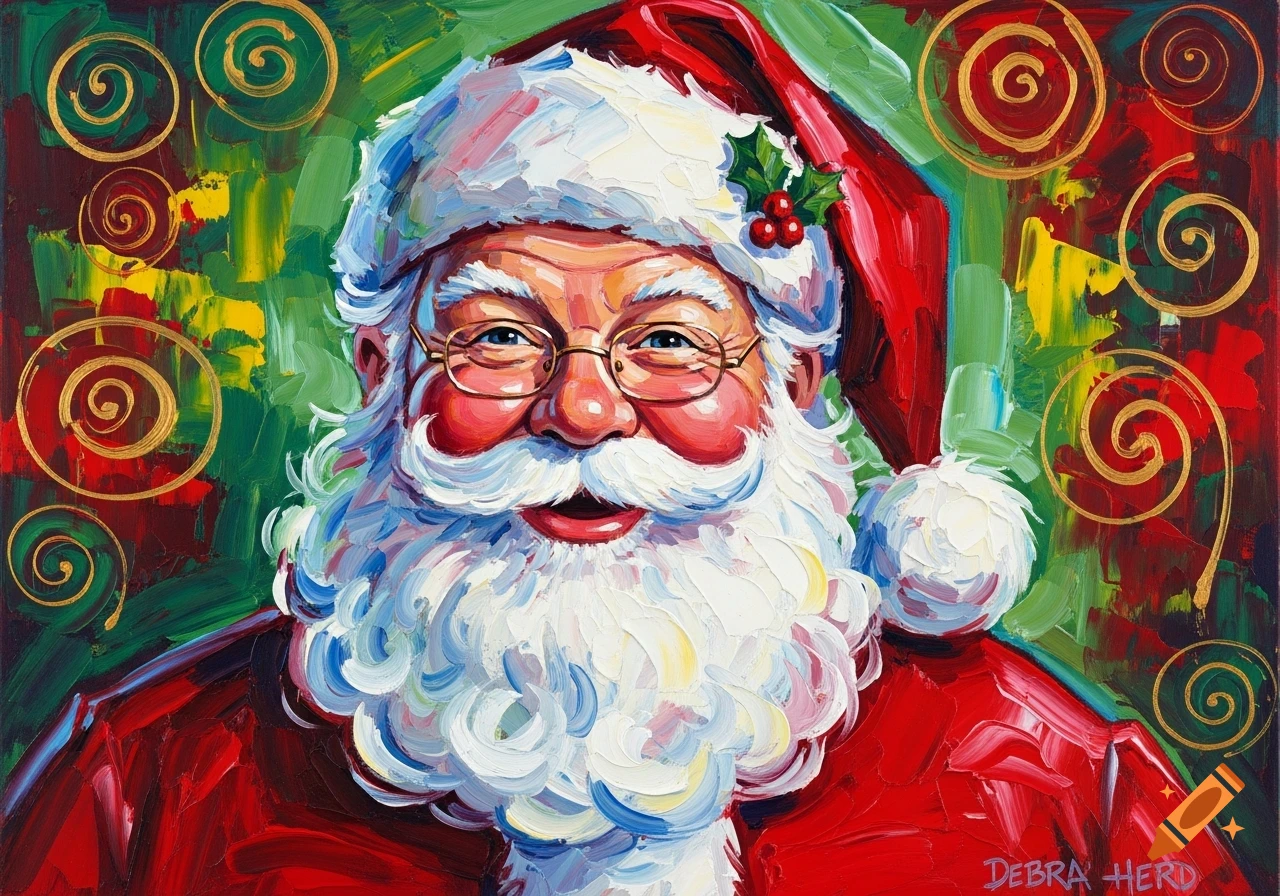 Expressive painting of Santa Claus with a red hat, white beard, and glasses, rendered with bold brush strokes and vibrant colors.