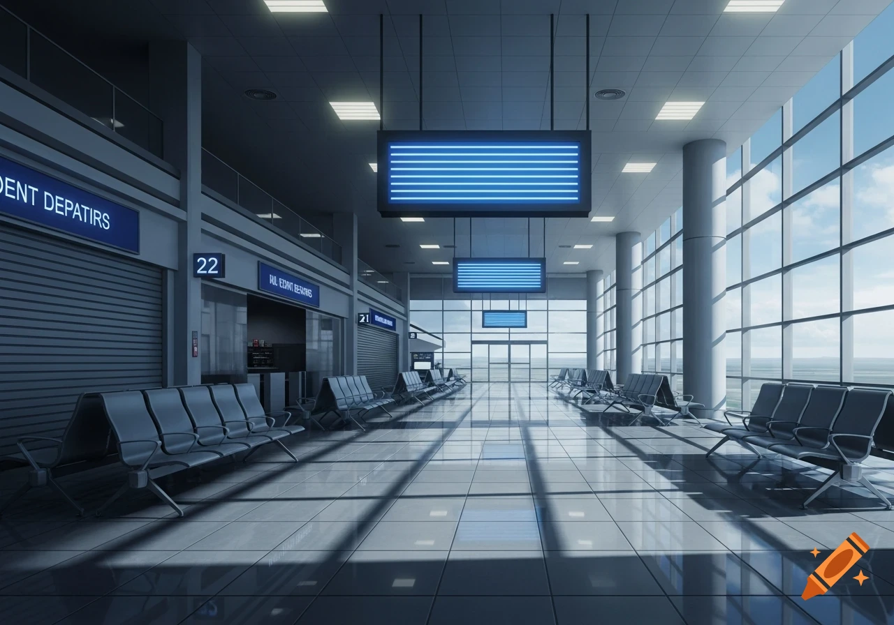 A vacant and empty airport departure lounge with closed shops, rows of empty seats, and large windows looking out to a bright sky. The scene is clean and modern.