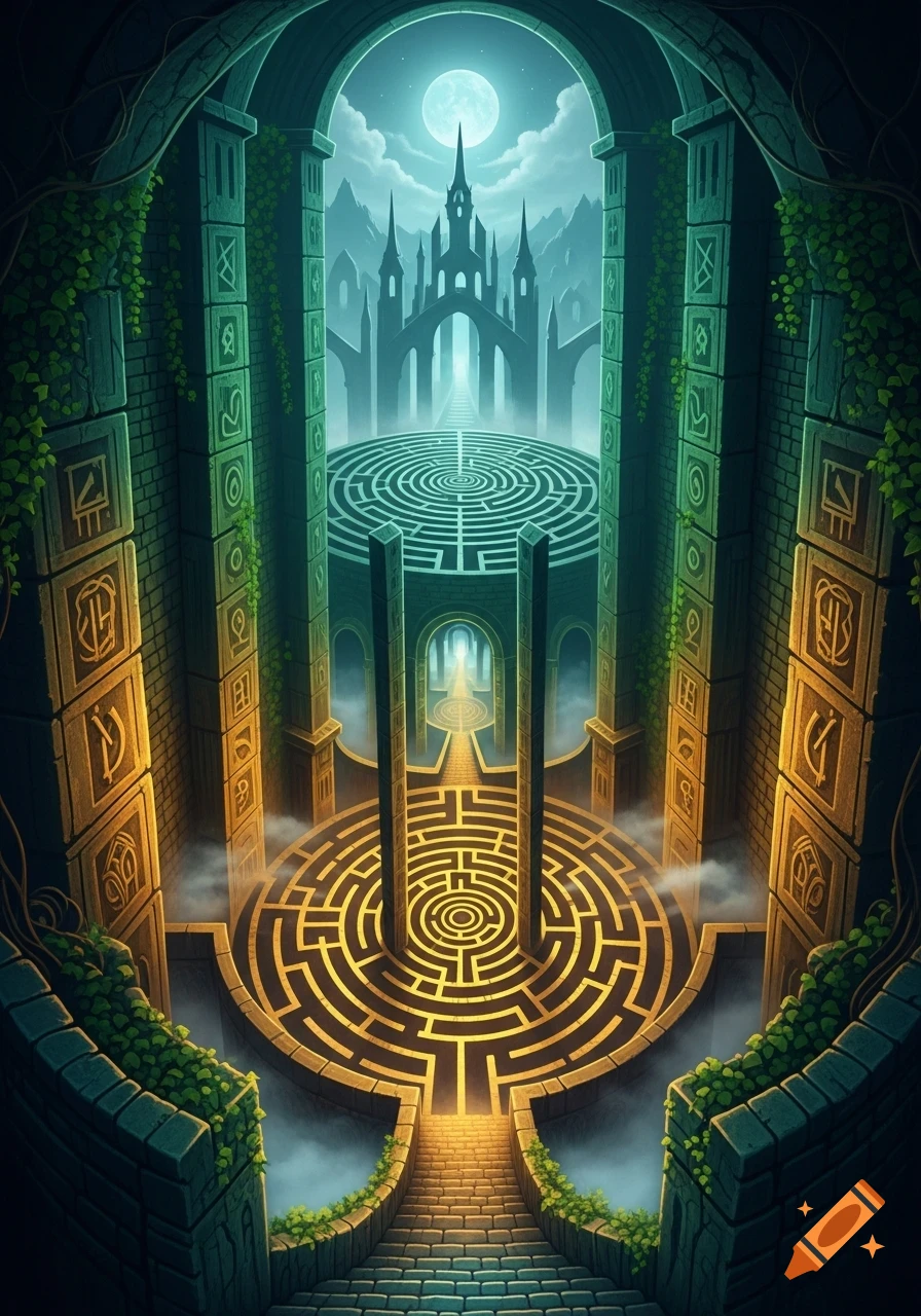 A detailed, moonlit fantasy artwork of a complex circular maze leading to a gothic castle, flanked by ancient, vine-covered pillars with runes.