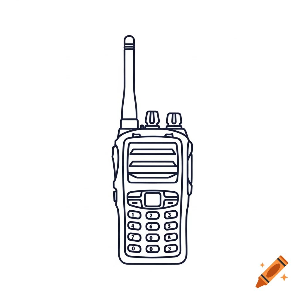 A simple black line drawing of a walkie-talkie with an antenna, a screen, and a keypad with numbers.