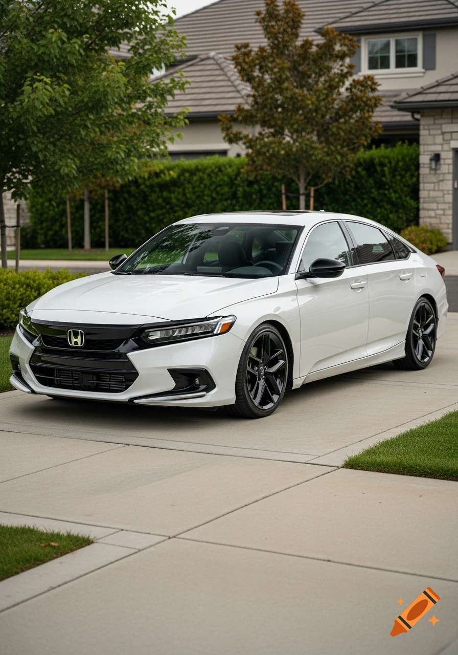 A white 2025 Honda Accord Sport sedan with black wheels parked in a residential driveway.