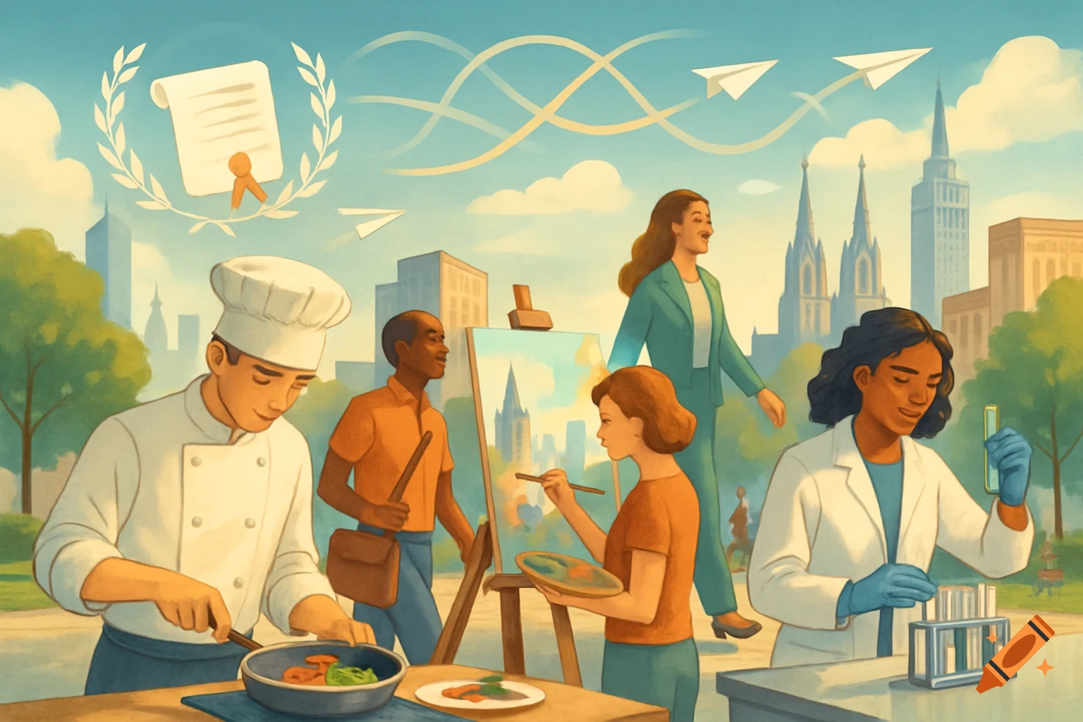Illustration of diverse professionals (chef, artist, scientist, businesswoman) in a city park with buildings and a scroll.