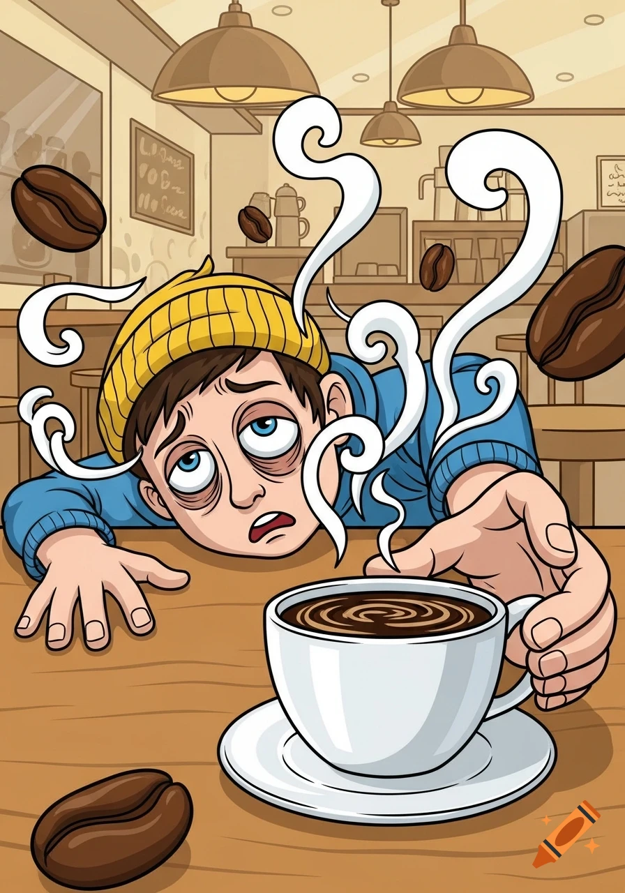 Cartoon man with baggy eyes reaching for a cup of steaming coffee in a cafe, with floating coffee beans, in a comic style.