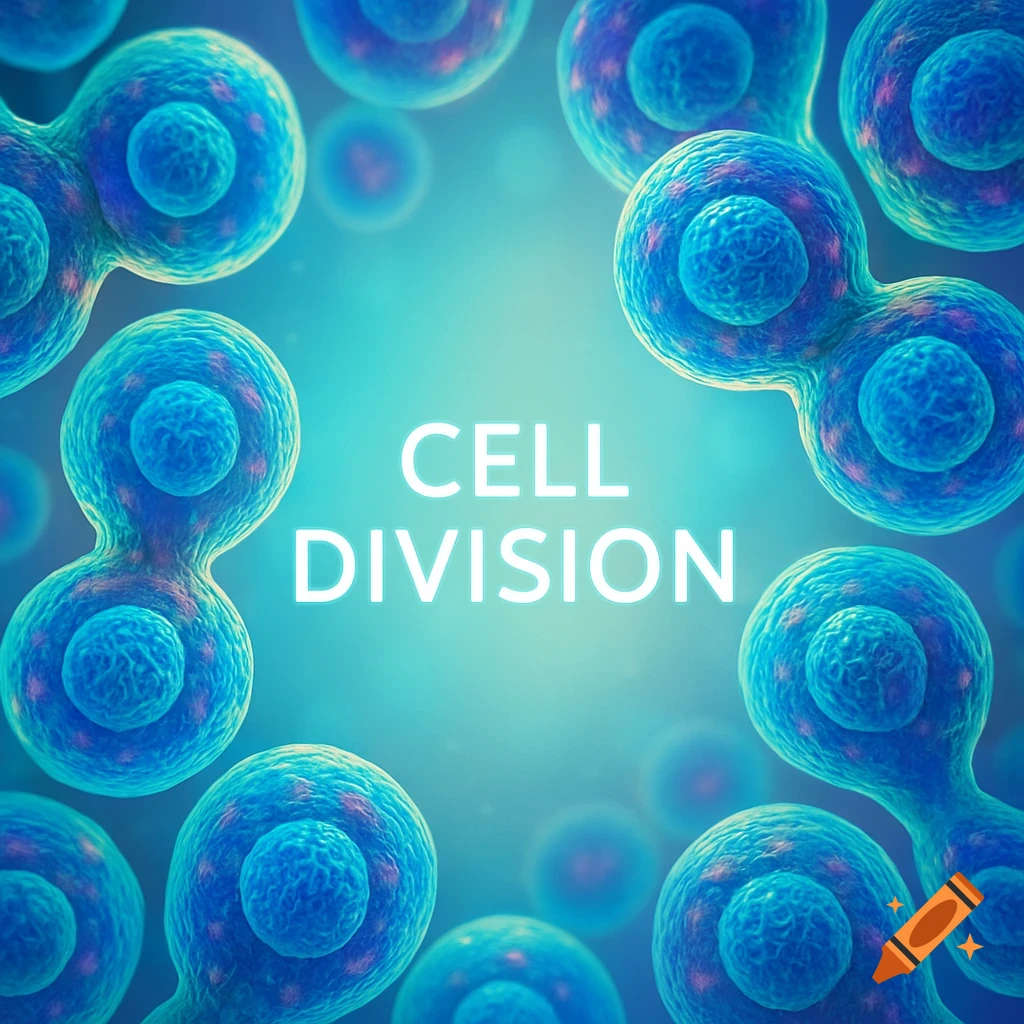 Digital illustration of cells dividing with 'CELL DIVISION' text, in blue and purple hues.