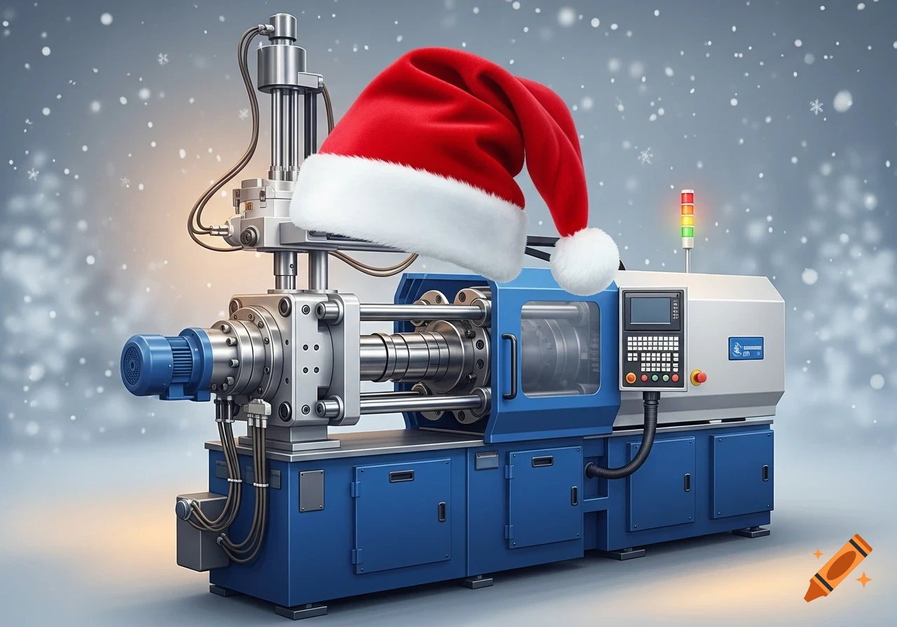 A photorealistic injection molding machine in blue and silver, wearing a red Santa hat, against a snowy winter background.