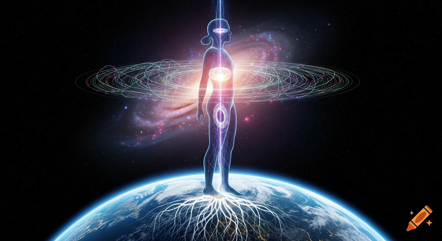 A glowing, translucent human figure stands on Earth with roots, surrounded by energy lines extending into a cosmic universe.