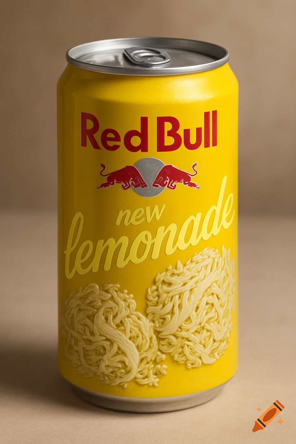 A photorealistic yellow Red Bull can is labeled "Red Bull new lemonade" with a textured design resembling sauerkraut at the bottom.