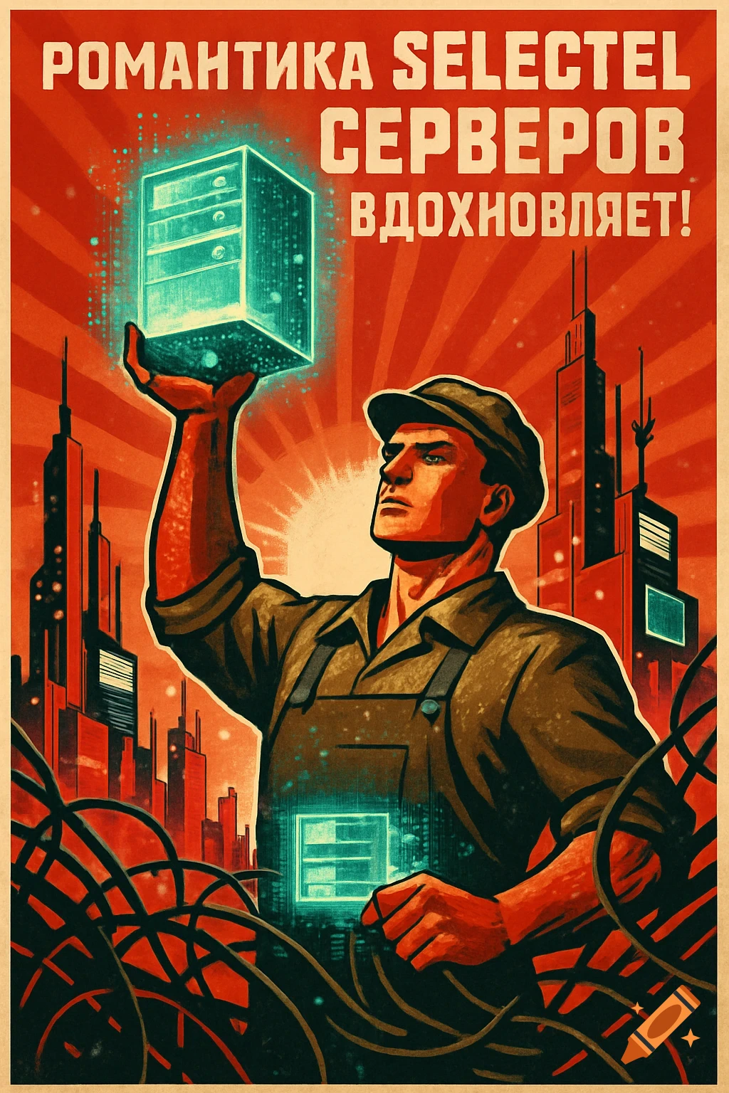 A retro propaganda poster depicts a worker holding a glowing server like a beacon, with a stylized city and wires in the background.