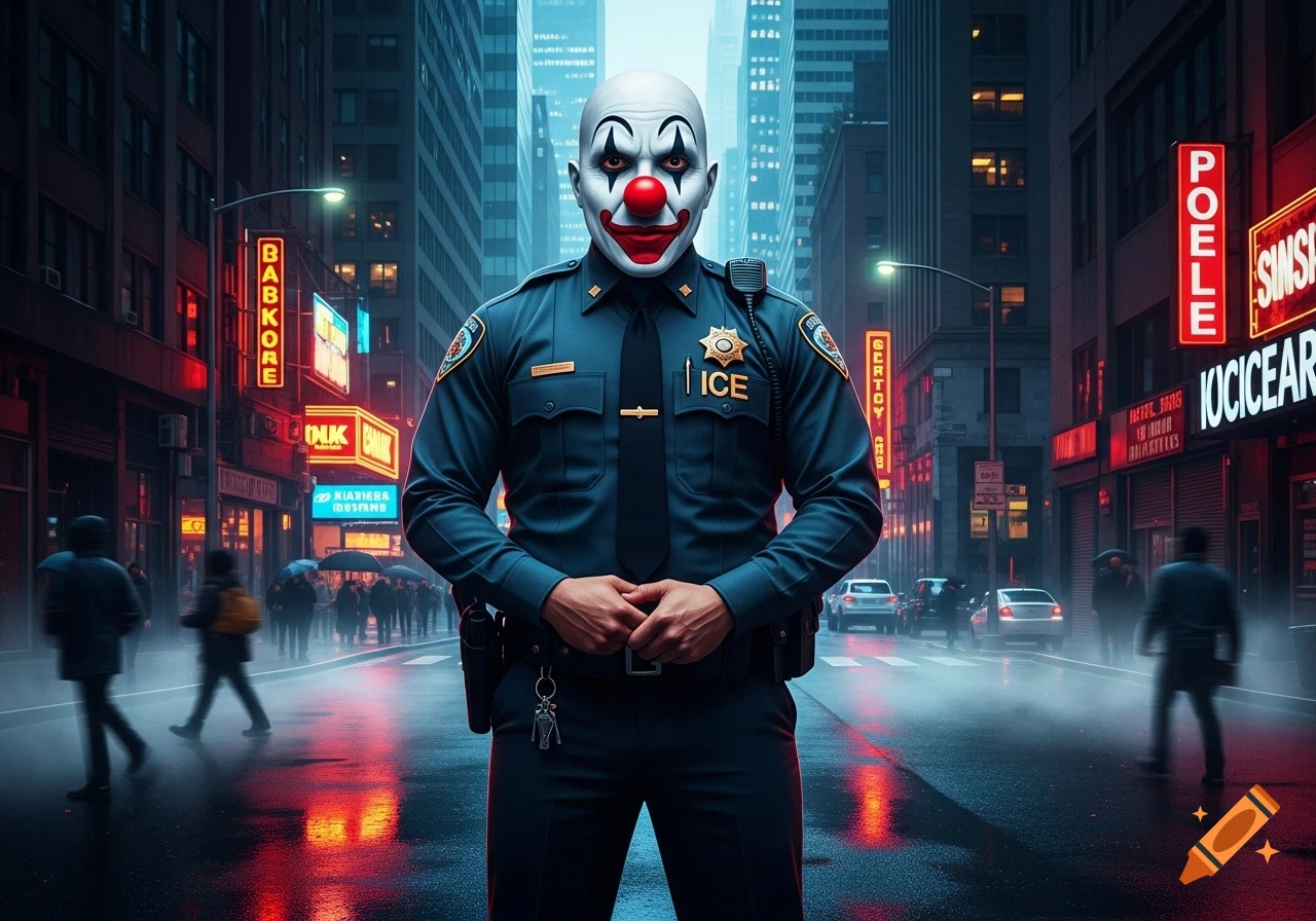 A photorealistic image of a police officer wearing a clown mask, standing on a rainy city street at night amidst neon signs.