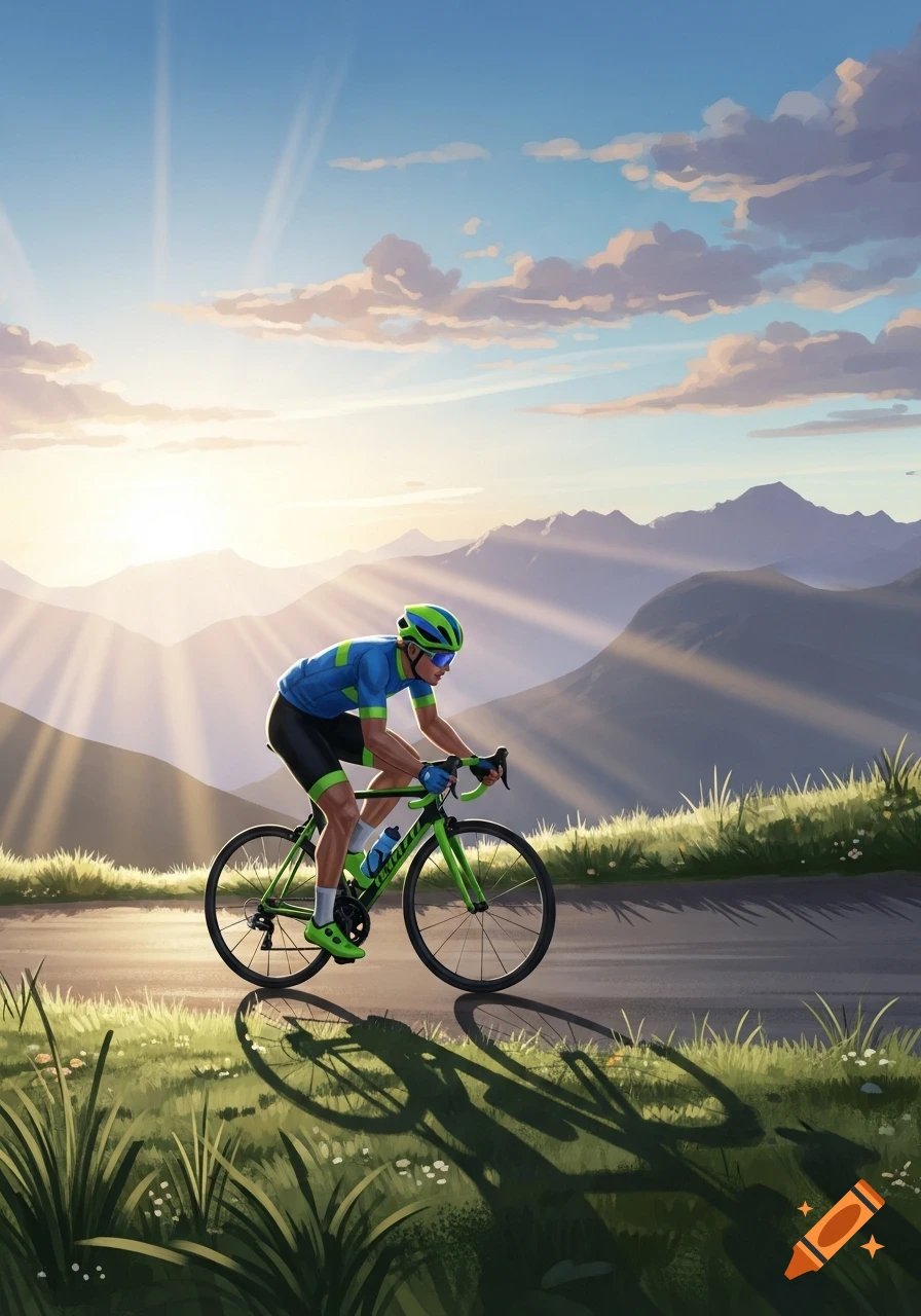 An illustration of a cyclist in blue and green gear riding a green bike uphill on a scenic road with mountains and a sunrise in the background.