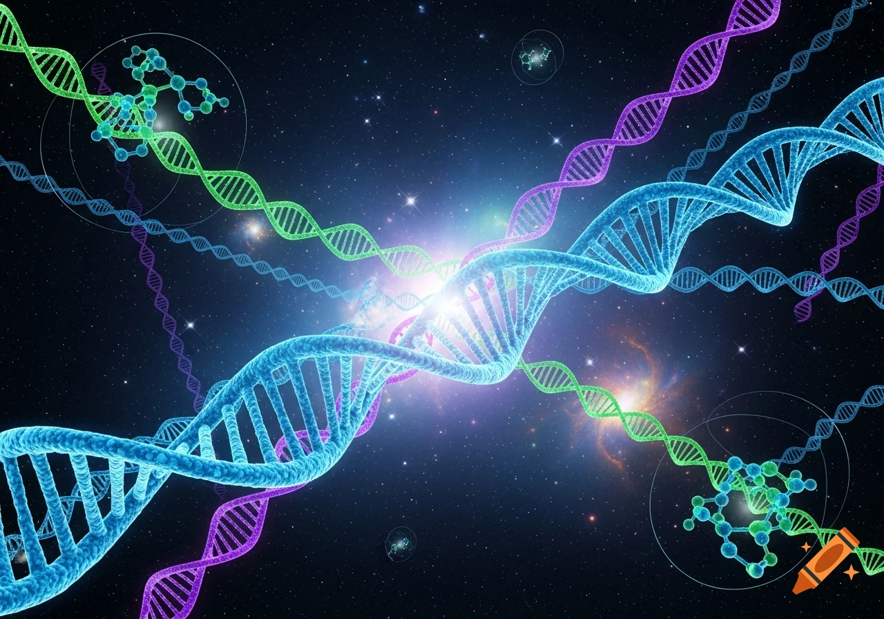 Vibrant blue, green, and purple DNA helix strands intertwine with molecular structures against a starry cosmic background.