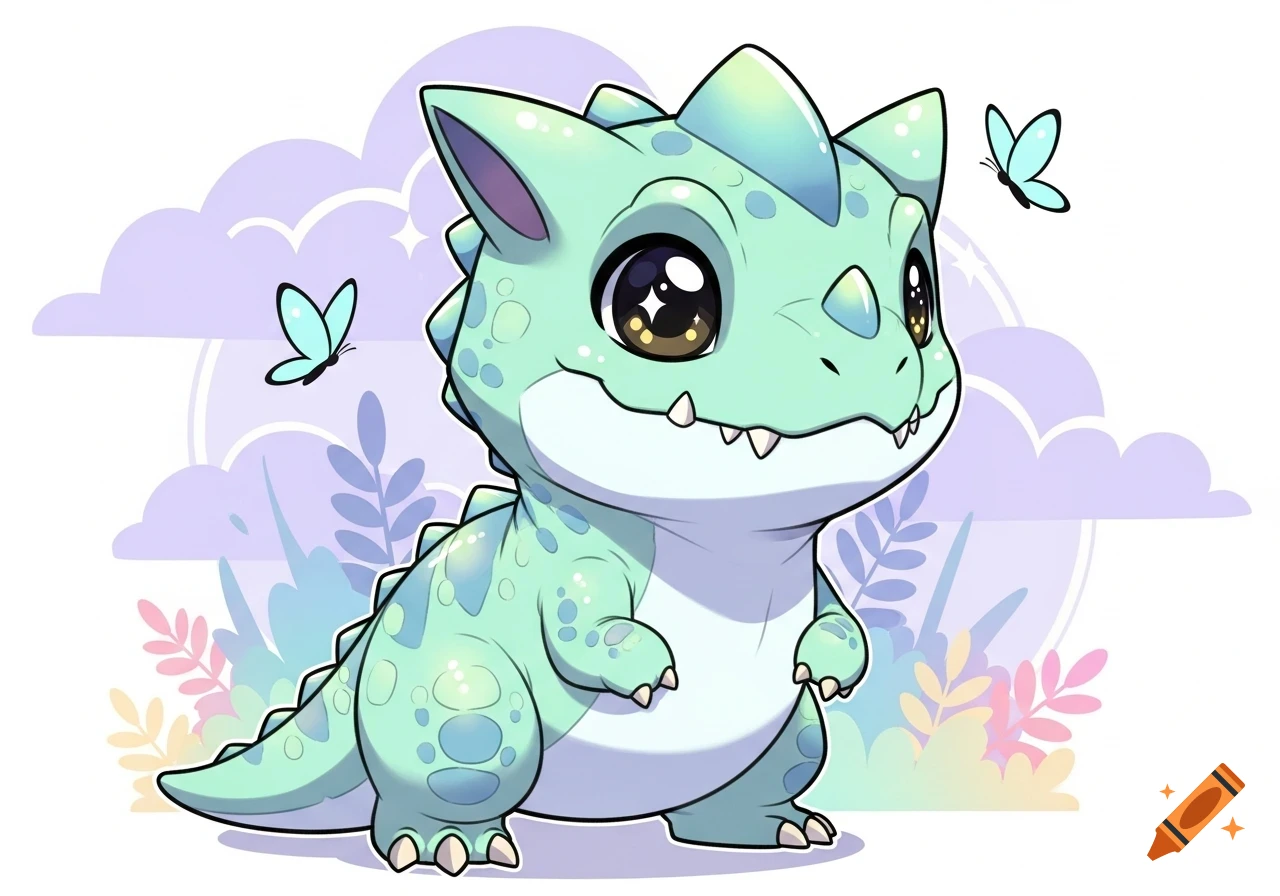 A cute, chibi green dinosaur with big eyes stands in a pastel landscape with butterflies.
