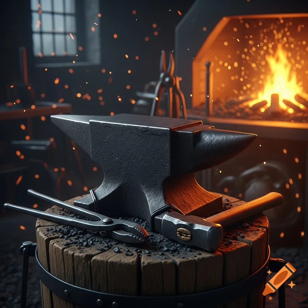 Photorealistic image of a blacksmith's anvil, tongs, and hammer on a wooden block with a glowing forge in the background.