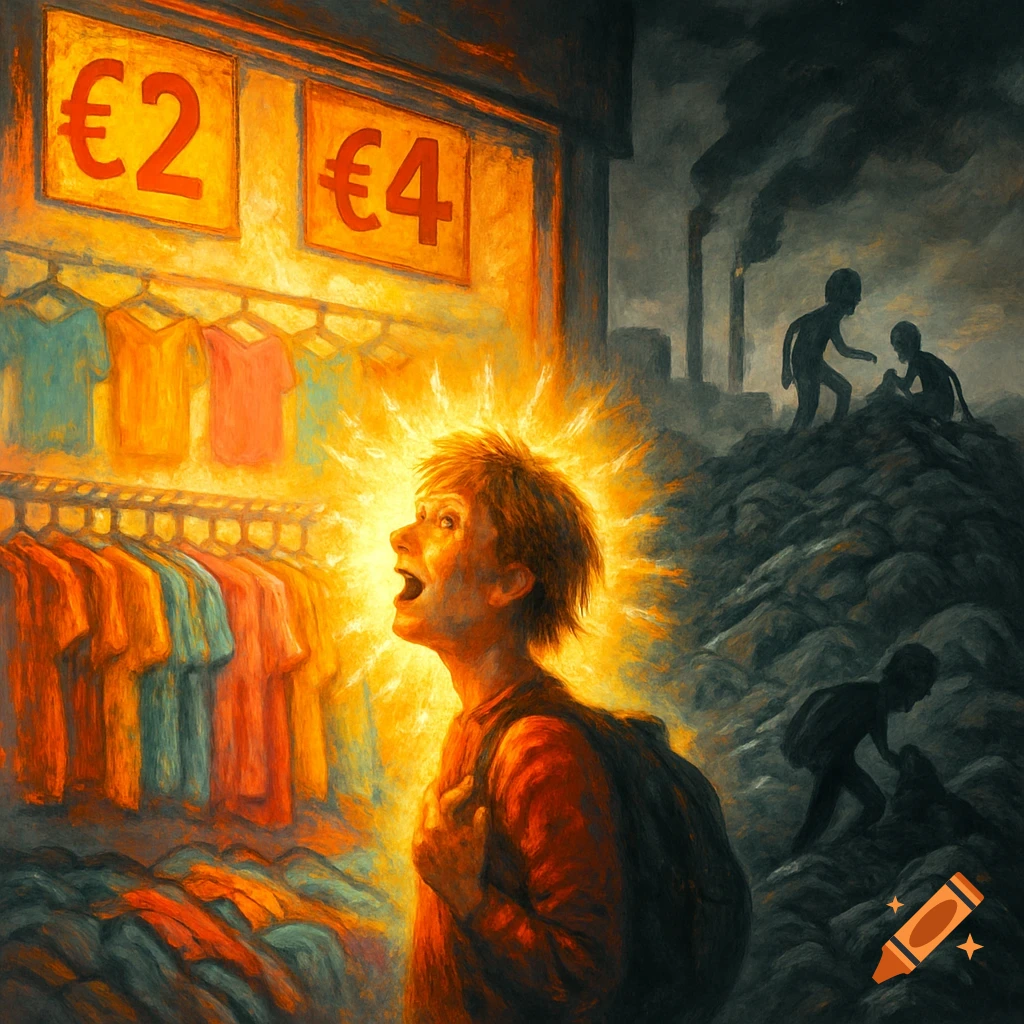 A painting depicting the stark contrast of fast fashion, with a person excitedly looking at cheap clothes under glowing "€2" and "€4" signs, while the background is dark and shows industrial pollution and shadowy figures of children on a pile of waste.