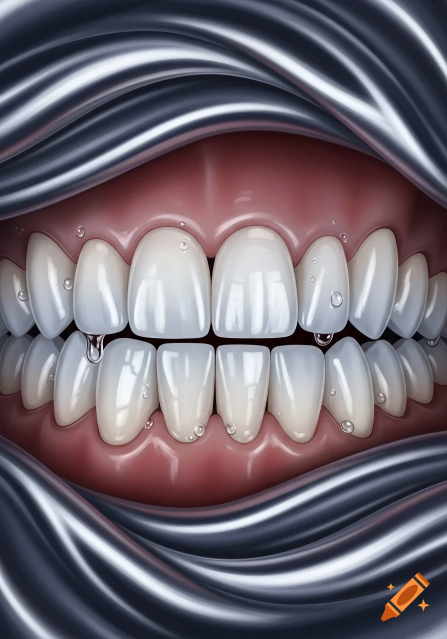 Close-up of human teeth and gums, framed by a silver dental retractor, with water droplets on the surface, in an illustrative style.
