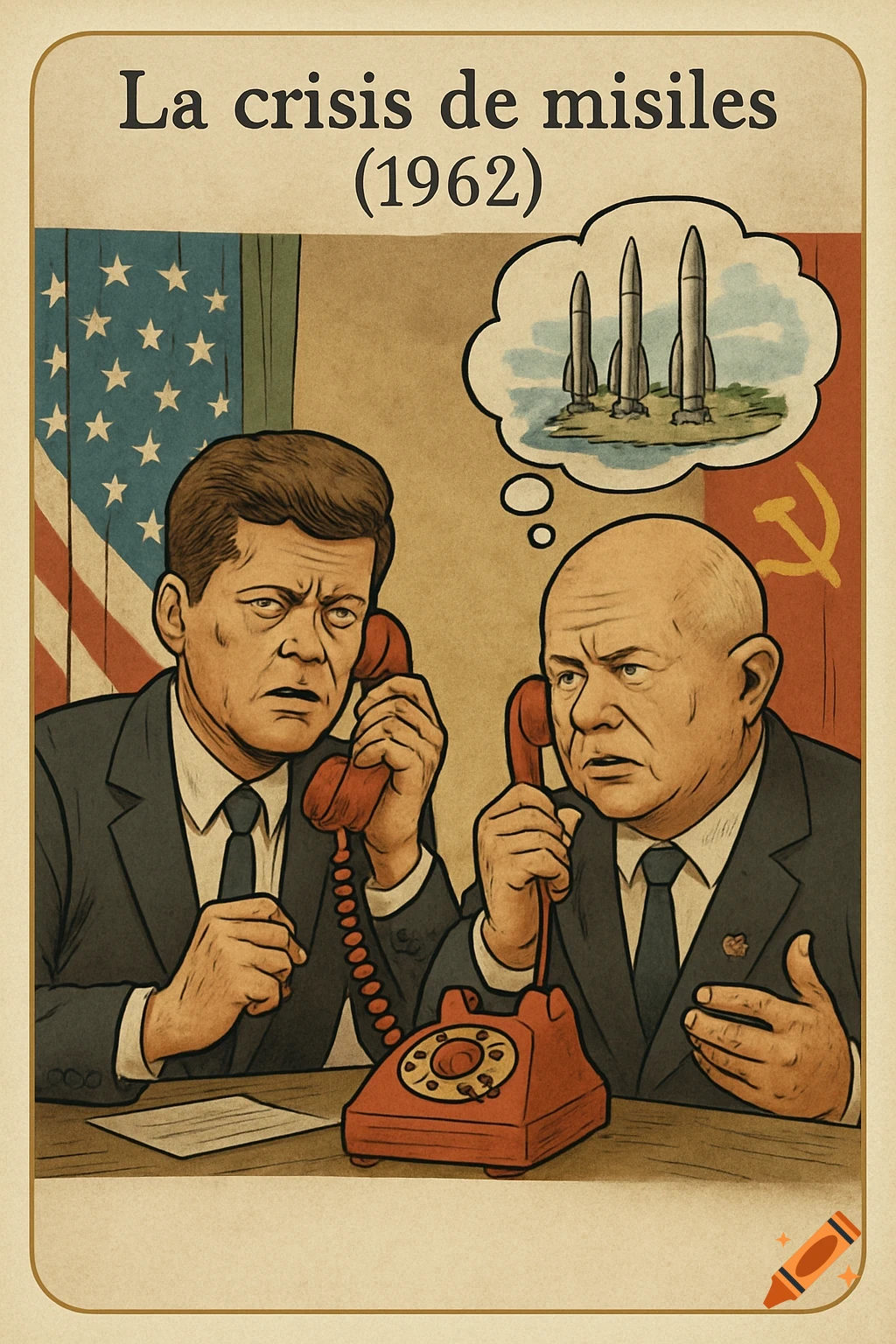 Vintage illustration of JFK and Khrushchev on a red phone, with a thought bubble showing missiles, depicting the Cuban Missile Crisis.