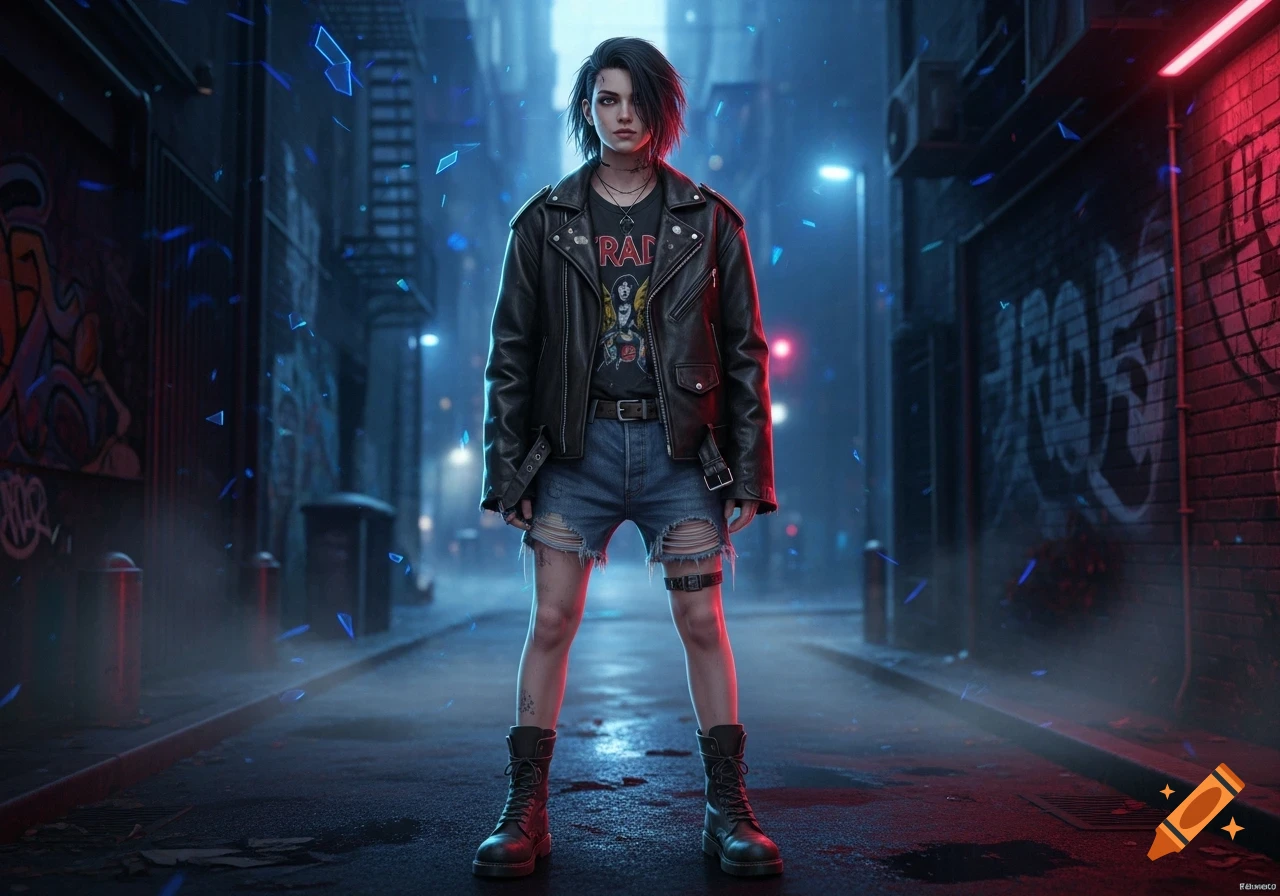 A young person in a leather jacket, ripped denim shorts, and boots stands in a neon-lit cyberpunk alley with graffiti.