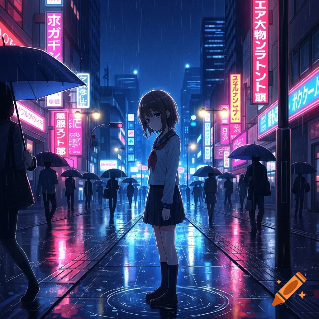 Anime girl in a school uniform stands in the rain on a neon-lit city street at night, with blurred figures and reflections.