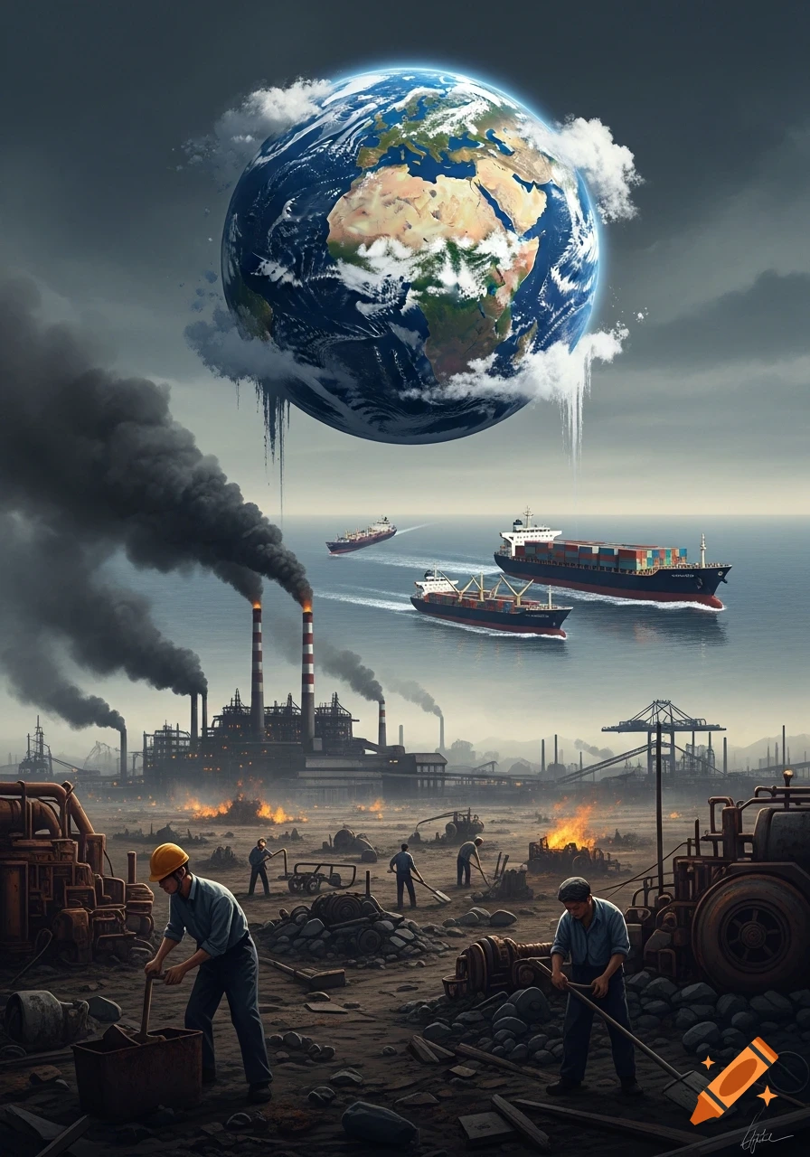 A dark, somber scene of industrial pollution with factories spewing smoke, ships on the sea, and workers toiling on barren land, all under a melting Earth.