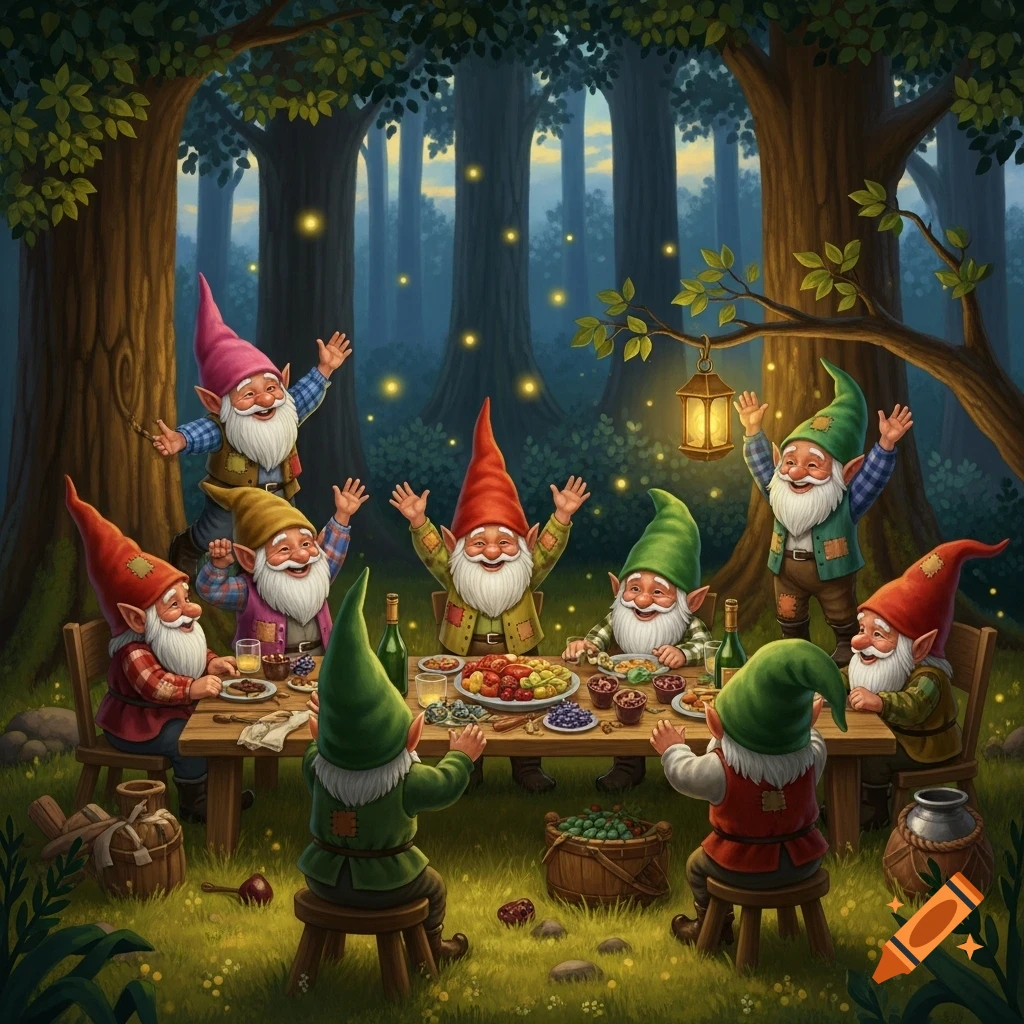 Eight cheerful gnomes with colorful hats feast at a long table in an enchanted forest, illuminated by glowing fireflies.