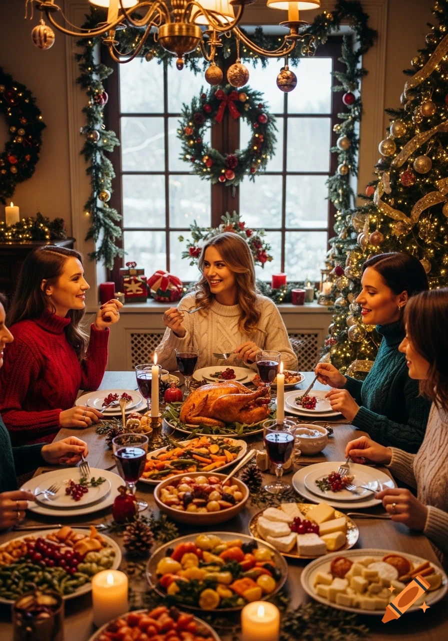 Women share a festive Christmas dinner around a table laden with food in a warmly lit, decorated room.