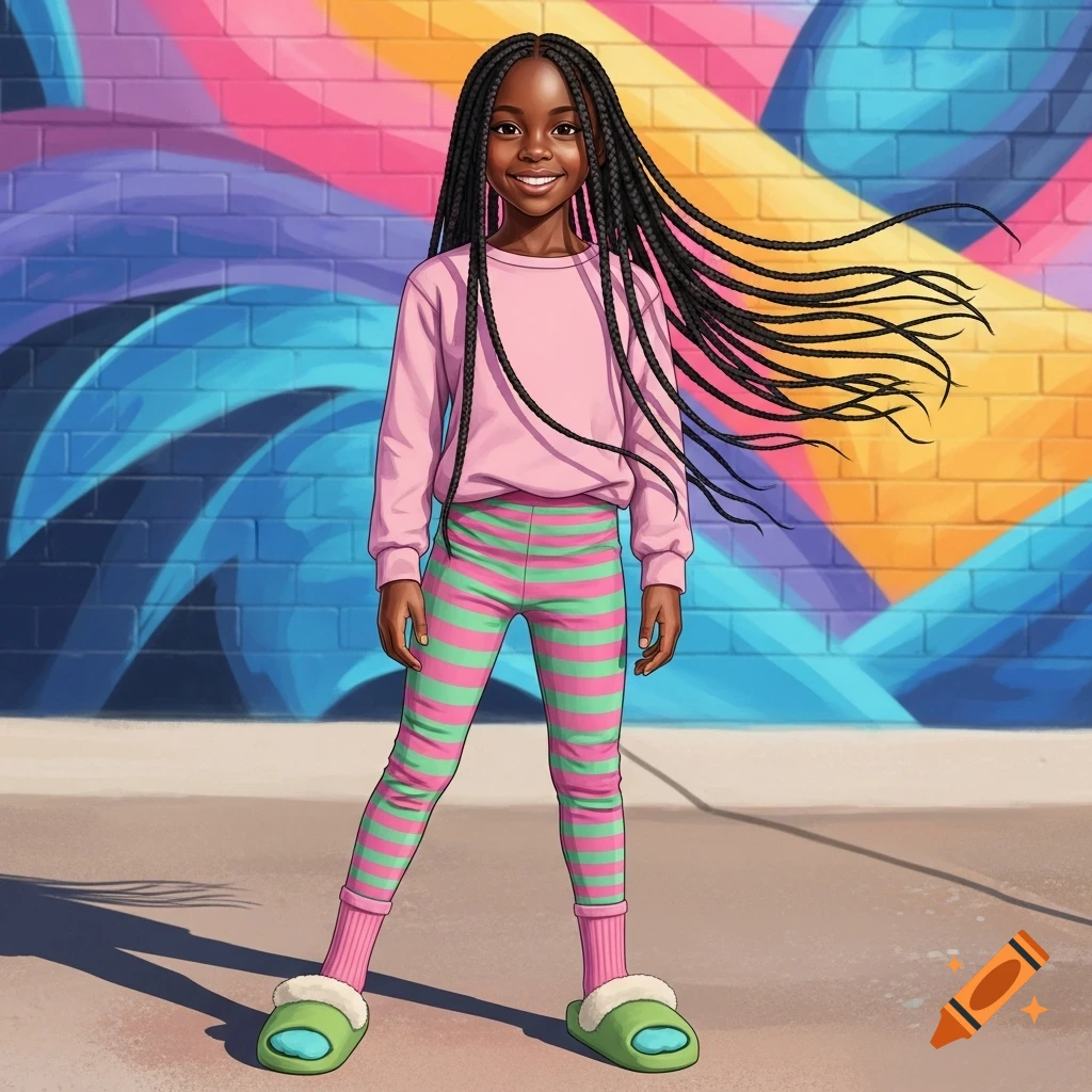 A smiling Black girl wearing a pink long-sleeve shirt, pink and green striped pants, pink socks, and green furry slippers, stands in front of a colorful brick mural, cartoon illustration.
