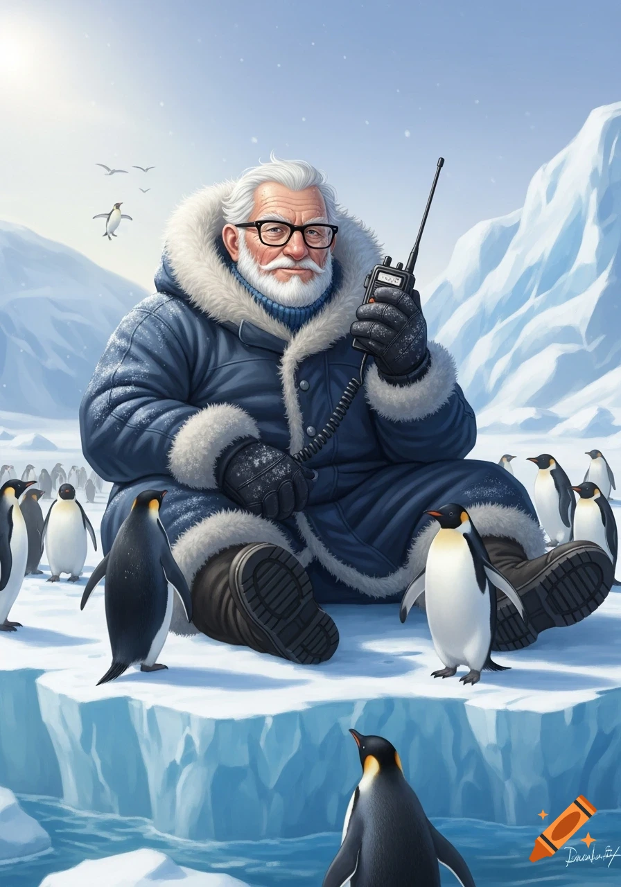An older man with a white beard and glasses sits on an ice floe in Antarctica, holding a ham radio, surrounded by penguins.