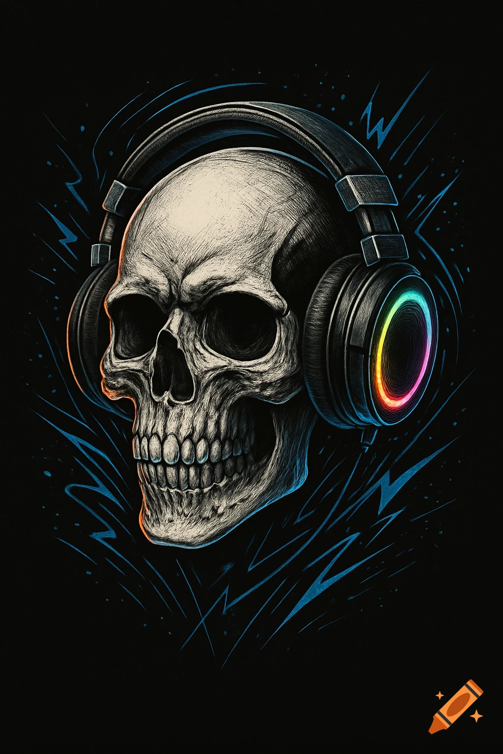 Stylized illustration of a skull wearing black headphones with rainbow RGB lighting, on a dark background with blue lightning accents.