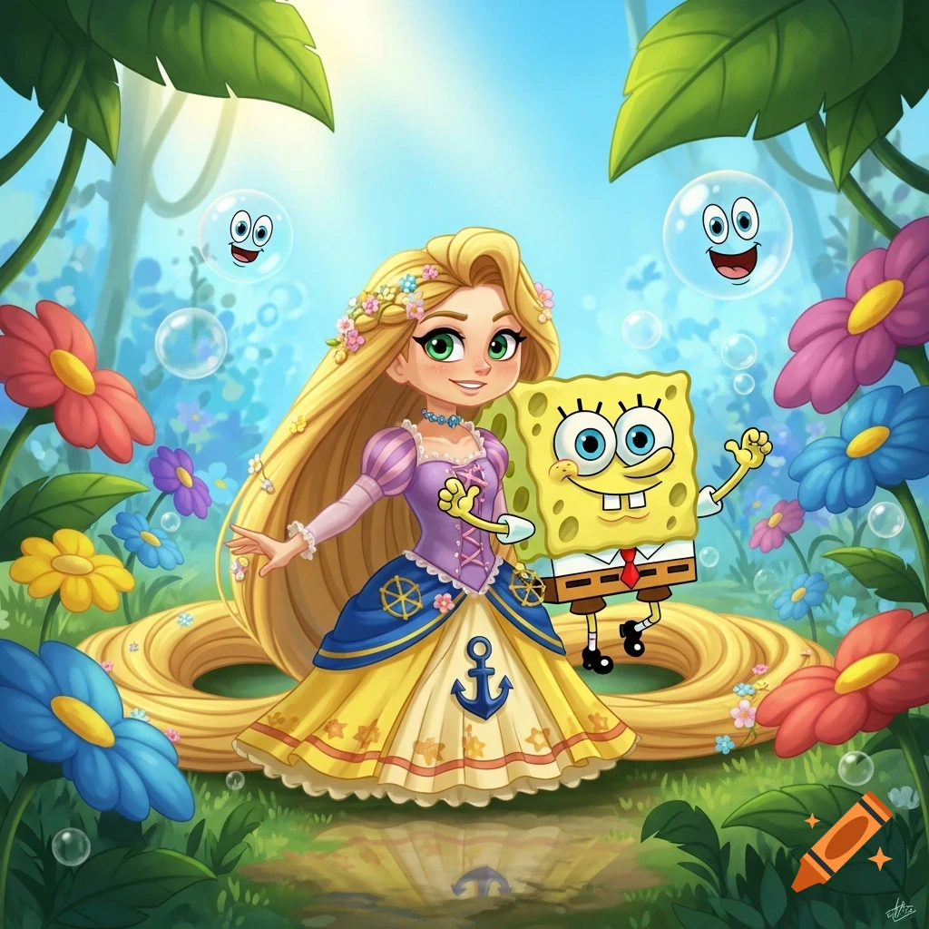 Cartoon Rapunzel in a purple and yellow dress standing with Spongebob in a vibrant jungle filled with colorful flowers and bubbles.