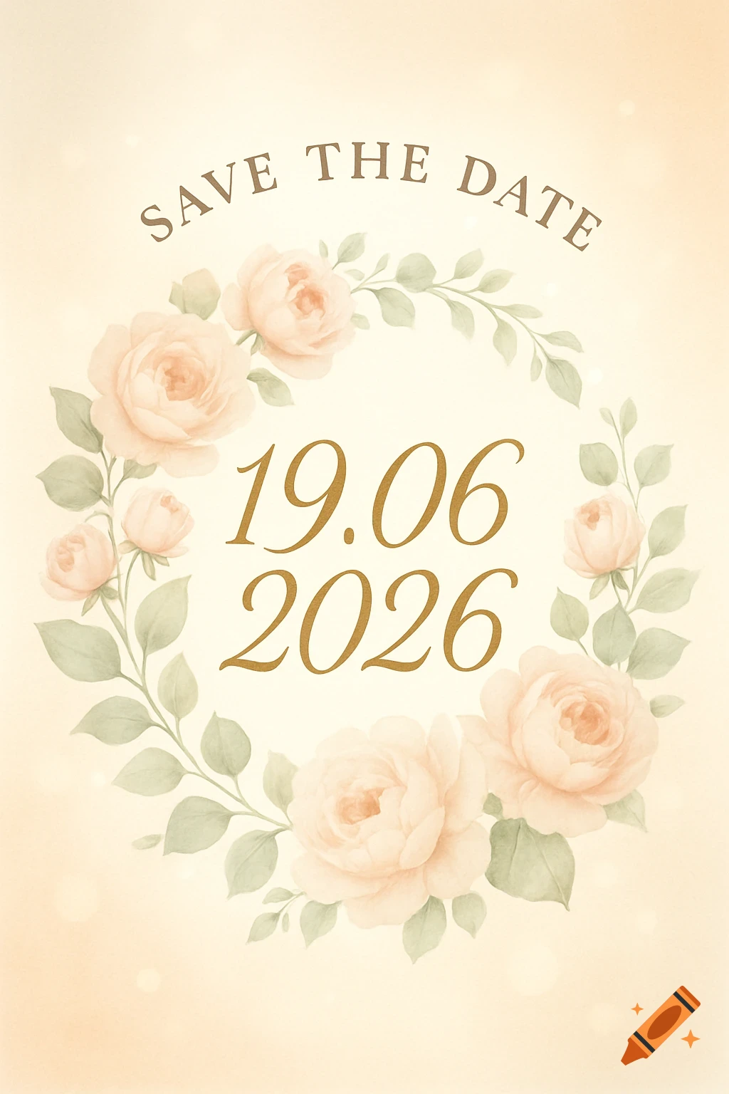 Watercolor 'Save the Date' card with a peach floral wreath surrounding the date 19.06.2026.