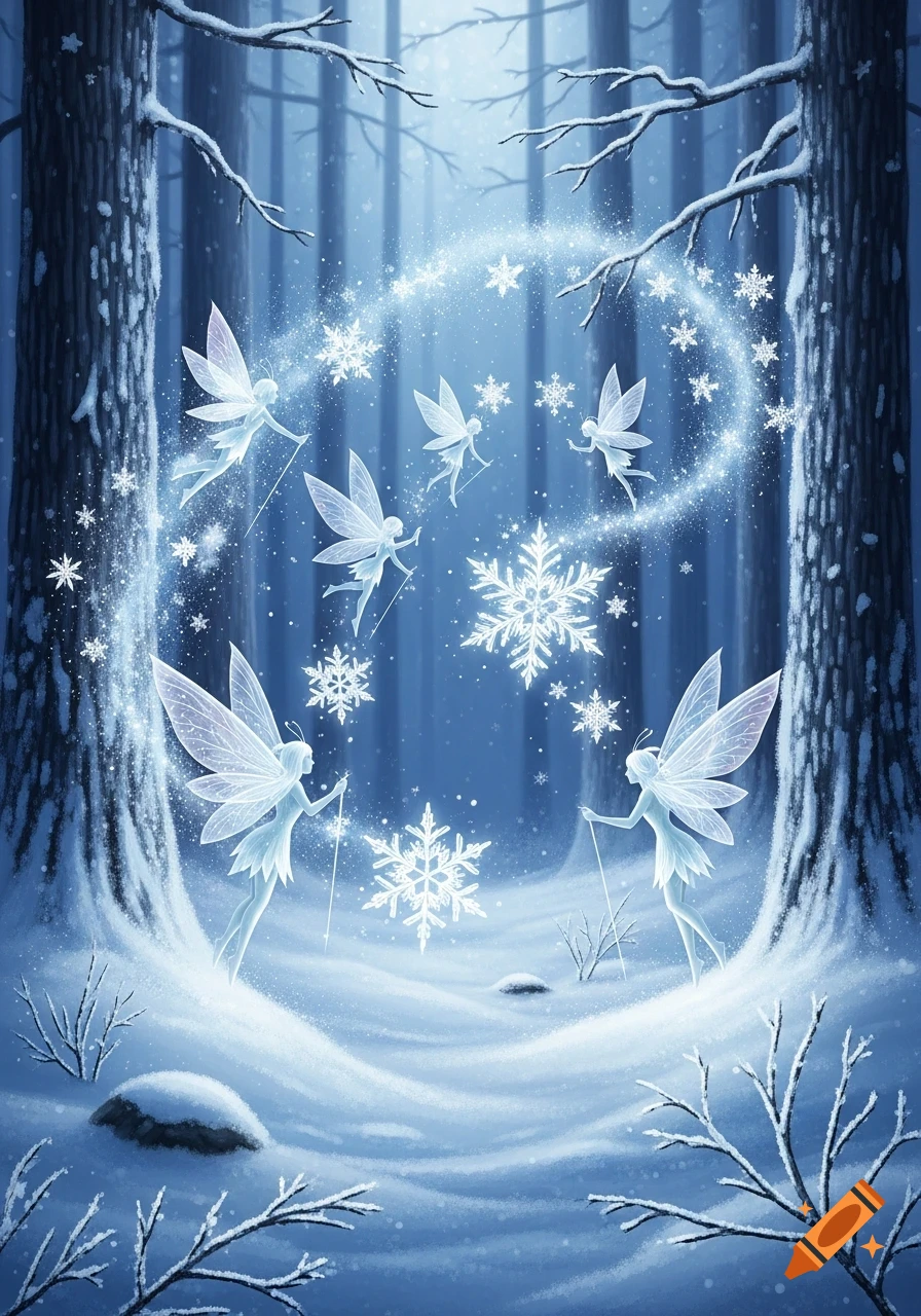 Winter fairies in a snowy forest casting magic to create a swirl of glowing snowflakes.