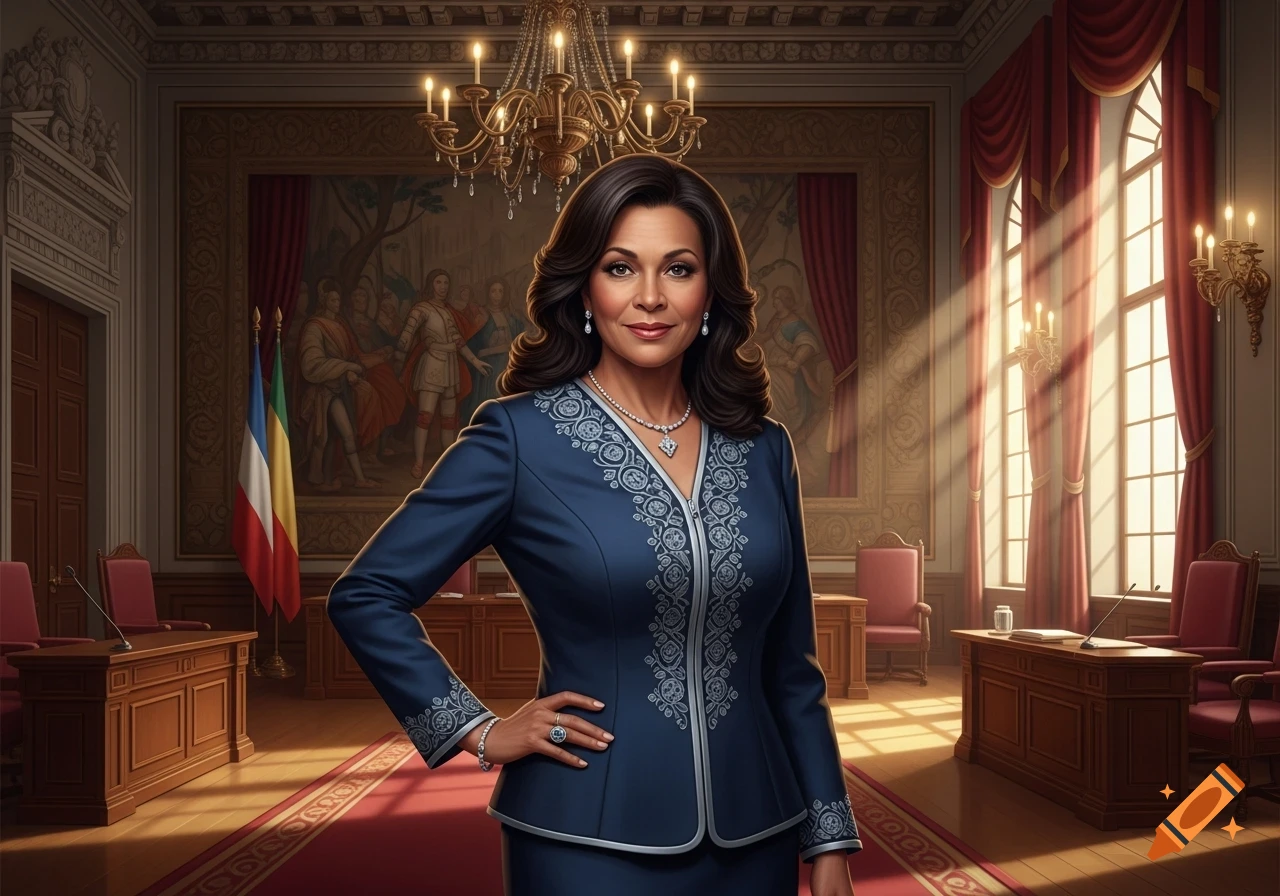 A poised woman in a dark blue embroidered suit and necklace stands in a grand, sunlit room with a chandelier, flags, and wooden desks.