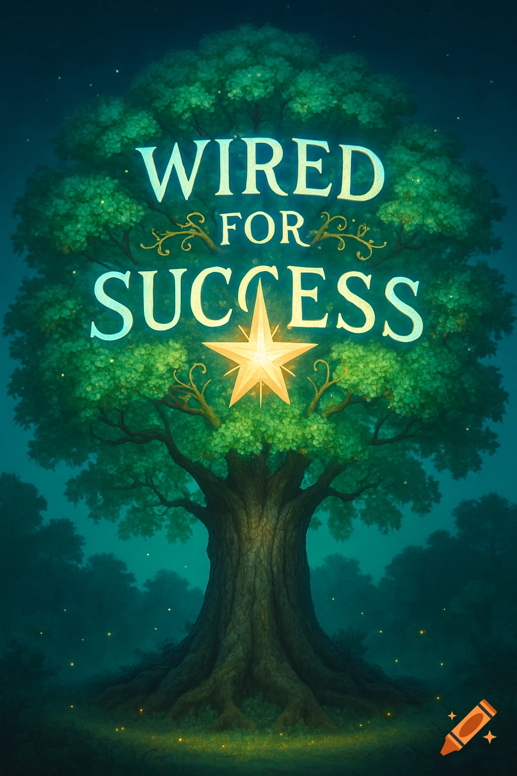 A vibrant, glowing tree with deep green leaves and a thick brown trunk. The words "WIRED FOR SUCCESS" are emblazoned across the leaves, with a bright golden star replacing the 'O' in 'FOR'. Fireflies glow around the base in a dark, magical forest.