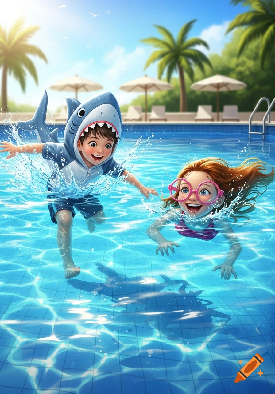 A happy boy in a shark costume splashes in a swimming pool with a smiling girl wearing pink glasses, a cartoon illustration.