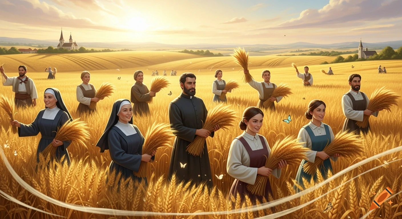 Nuns, priests, and farmers harvest golden wheat in a field at sunset, with churches in the distance.