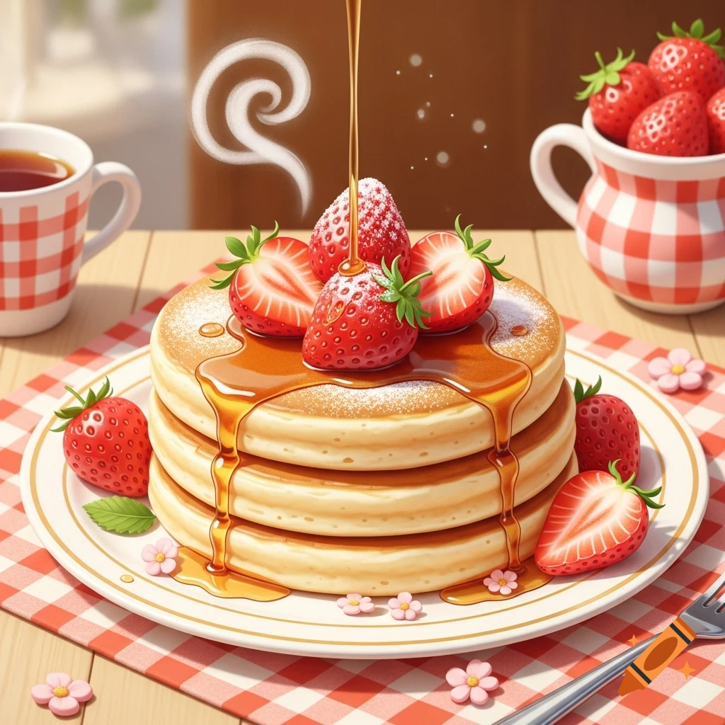A stack of pancakes with fresh strawberries and maple syrup, a cup of tea, and a mug of strawberries on a checkered tablecloth.