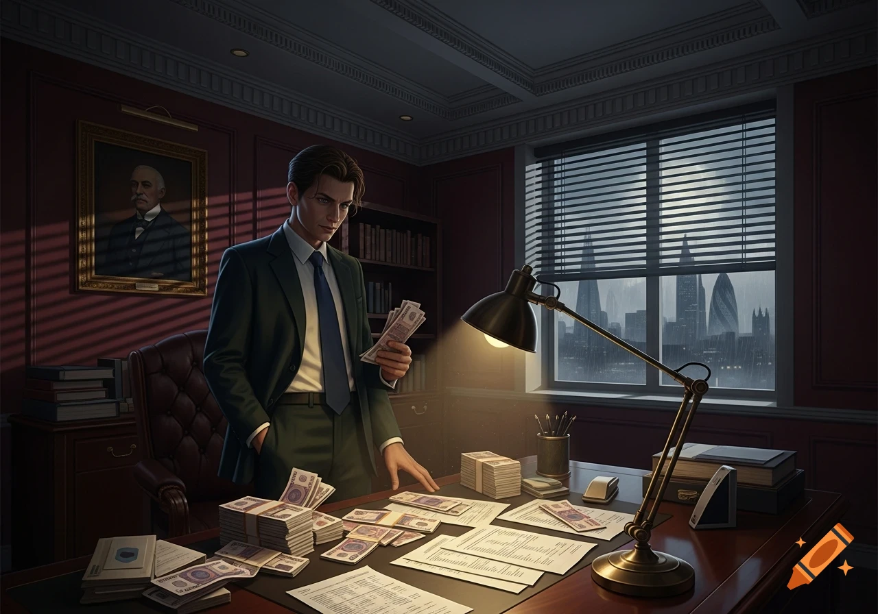 Businessman at a desk with stacks of money and papers, city skyline through a window, realistic video game concept art.